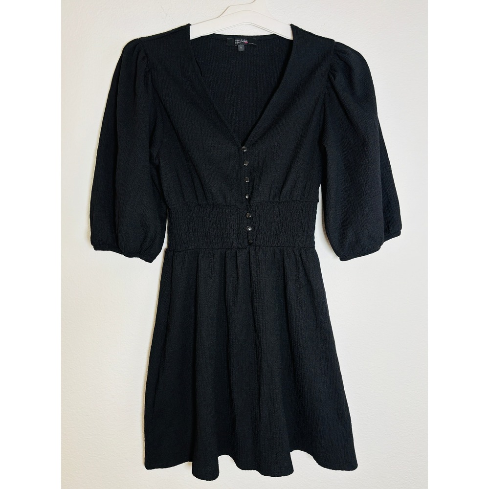 GB Fashion London Black‎ Crepe Mini Dress V-Neck Smocked Waist Puff Sleeve Small